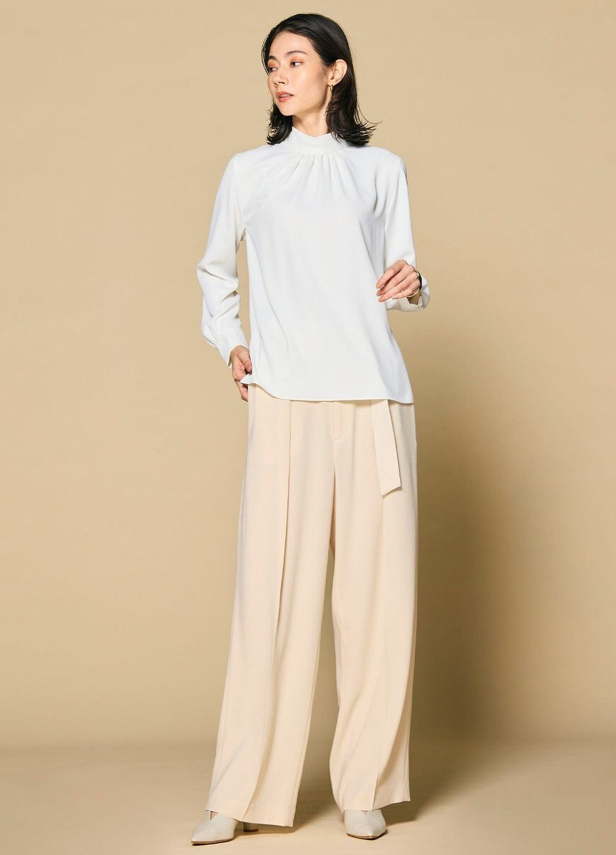 細褶設計立領長袖襯衫